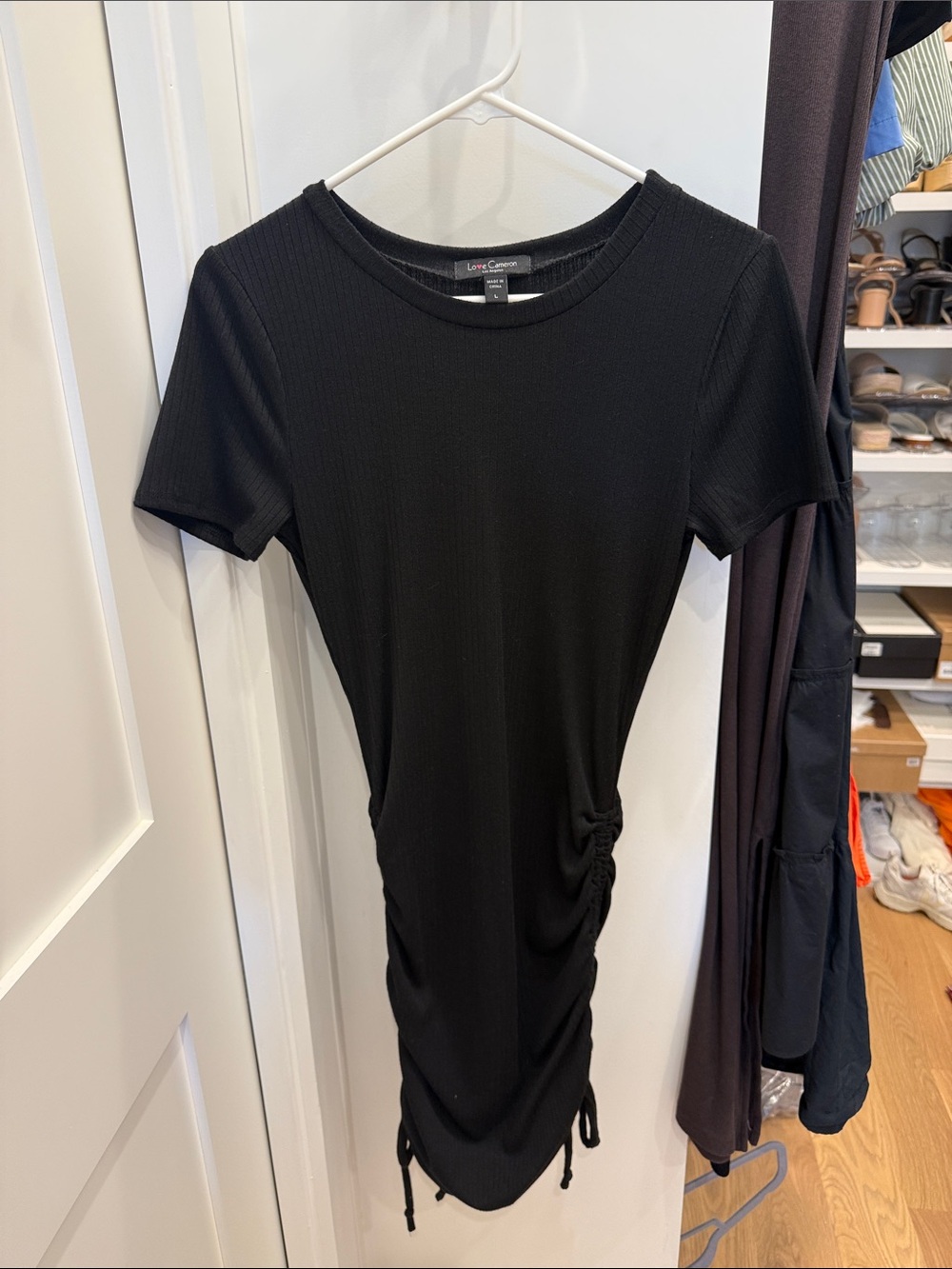 Love Cameron Black Ribbed Side-Ruched Mini Dress